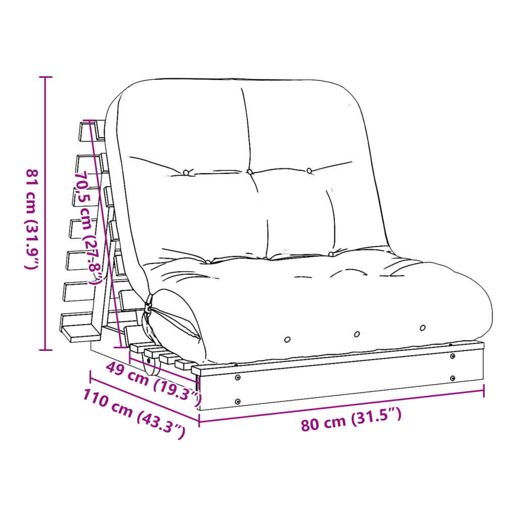 Canapé-lit futon avec matelas 80x206x11 cm bois massif de pin