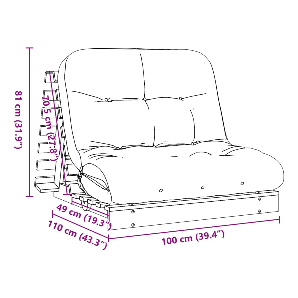 Canapé-lit futon avec matelas 100x206x11 cm bois massif de pin