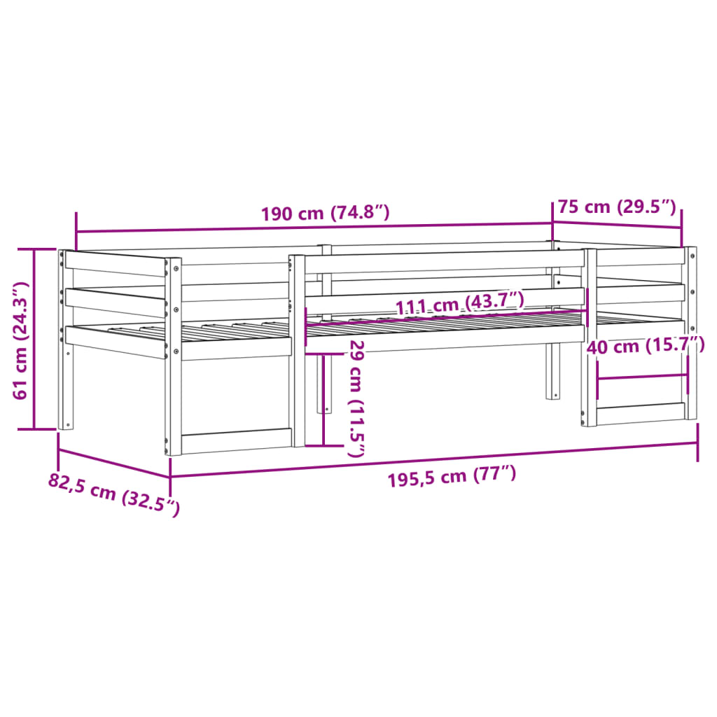 Children's bed frame without mattress 75x190 cm solid pine