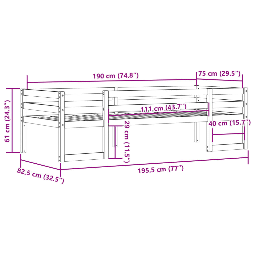 Cadre de lit pour enfants sans matelas cire marron 75x190 cm