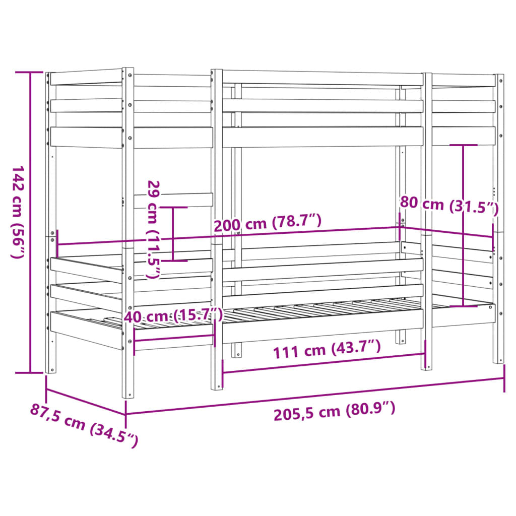 Lit superposé sans matelas blanc 80x200 cm bois de pin massif