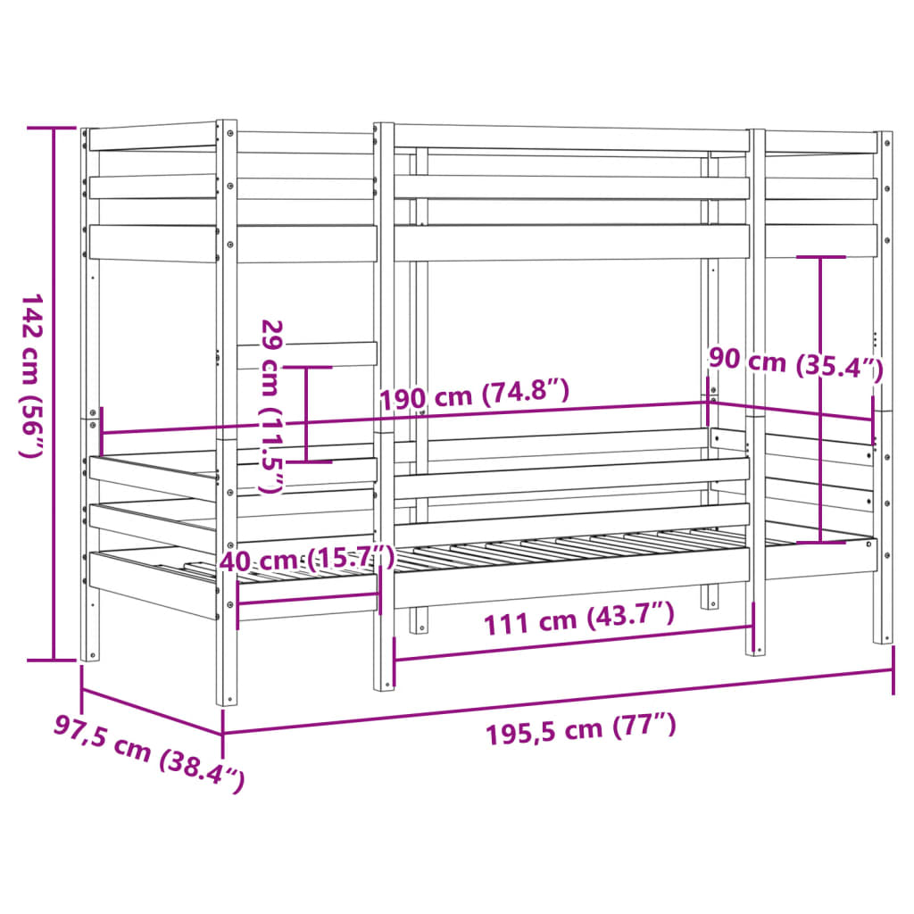 Lit superposé sans matelas blanc 90x190 cm bois de pin massif