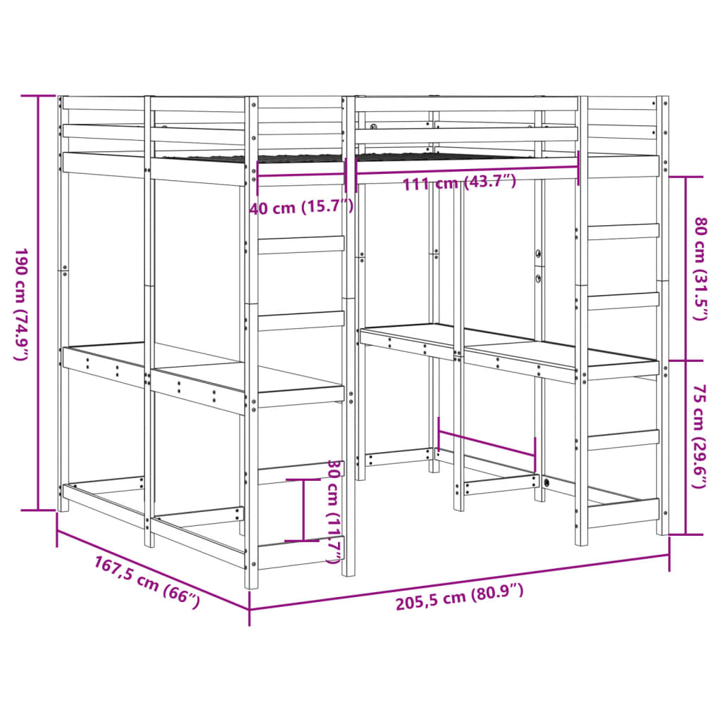 Lit superposé et bureau et échelle 160x200cm bois de pin massif