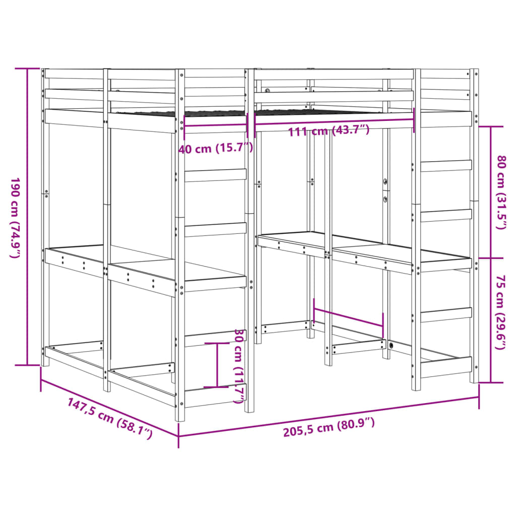 Lit superposé et bureau et échelle 140x200cm bois de pin massif