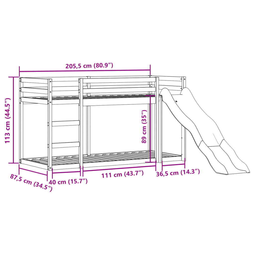 Lit superposé avec toboggan et échelle sans matelas 80x200 cm