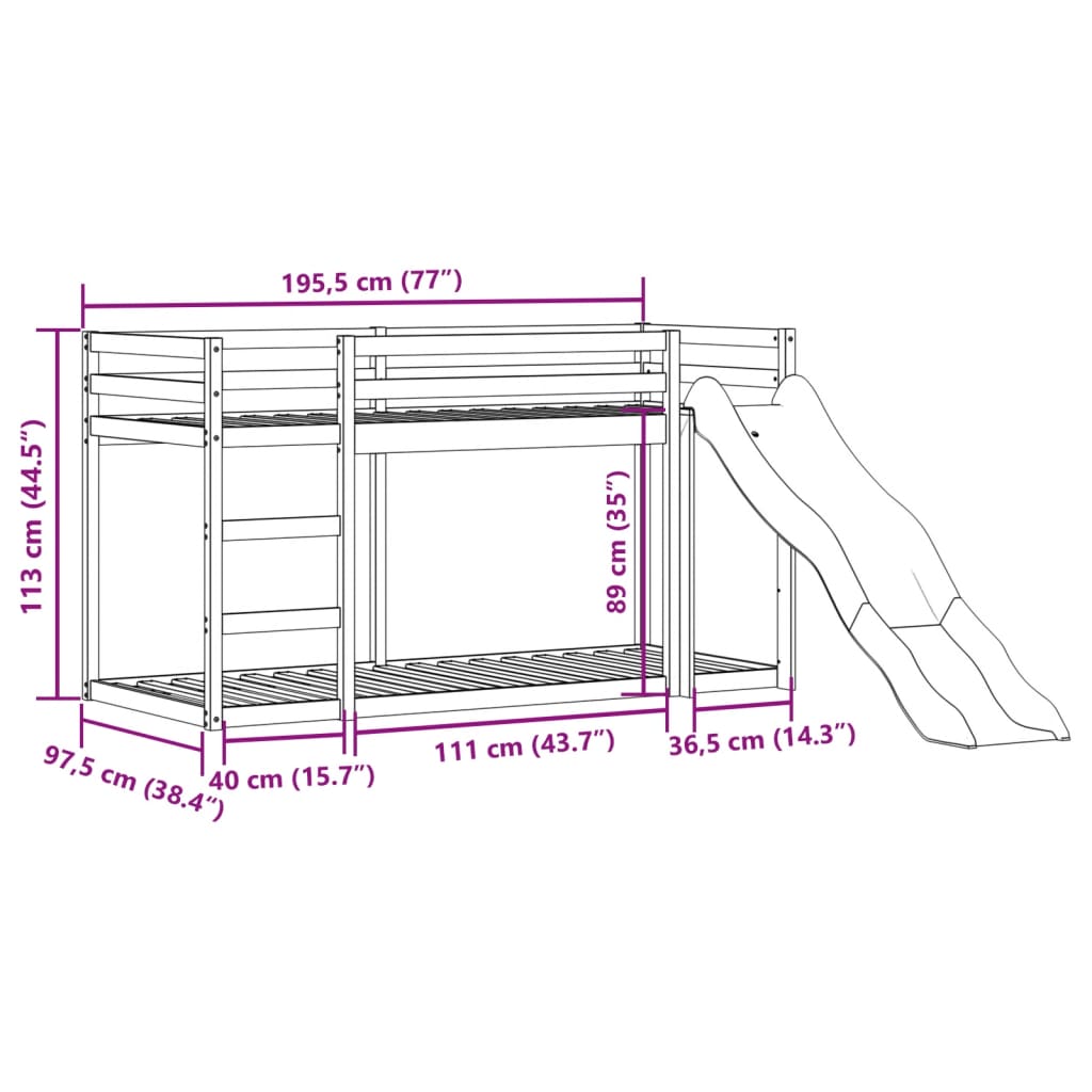 Lit superposé avec toboggan et échelle sans matelas 90x190 cm