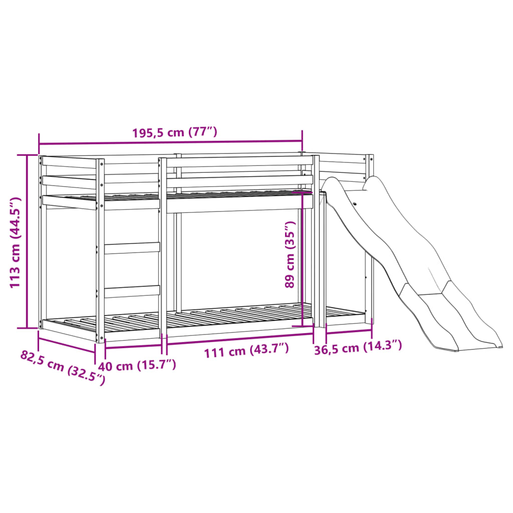 Lit superposé avec toboggan et échelle sans matelas 75x190 cm