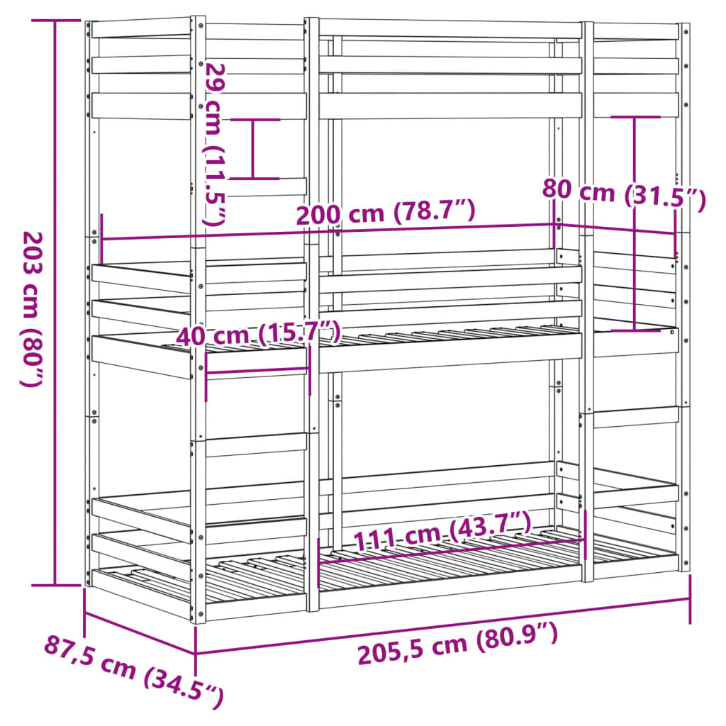 Lit superposé triple sans matelas 80x200 cm bois de pin massif