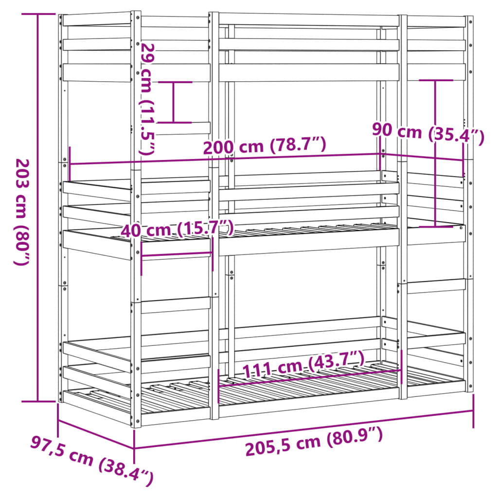 Lit superposé triple sans matelas 90x200 cm bois de pin massif