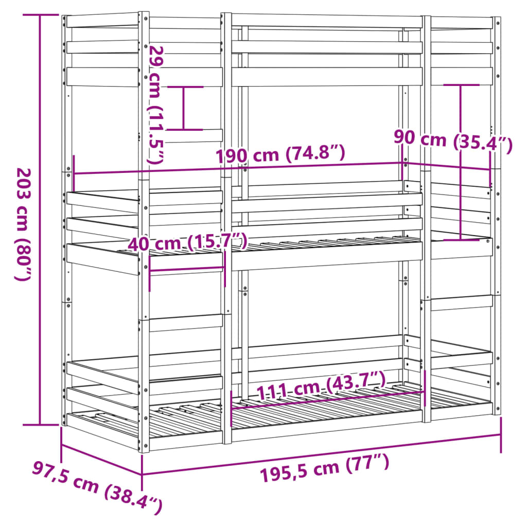 Lit superposé triple sans matelas 90x190 cm bois de pin massif