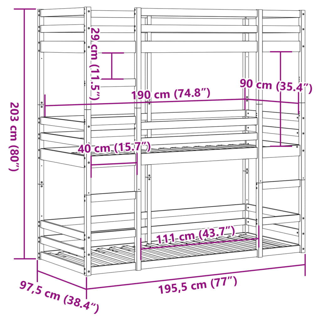 Lit superposé triple sans matelas 90x190 cm bois de pin massif