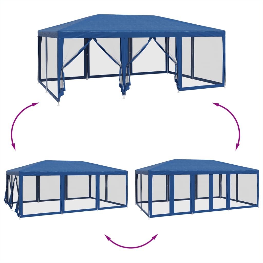 Tente de fête avec 10 parois latérales en maille bleu 6x4m PEHD