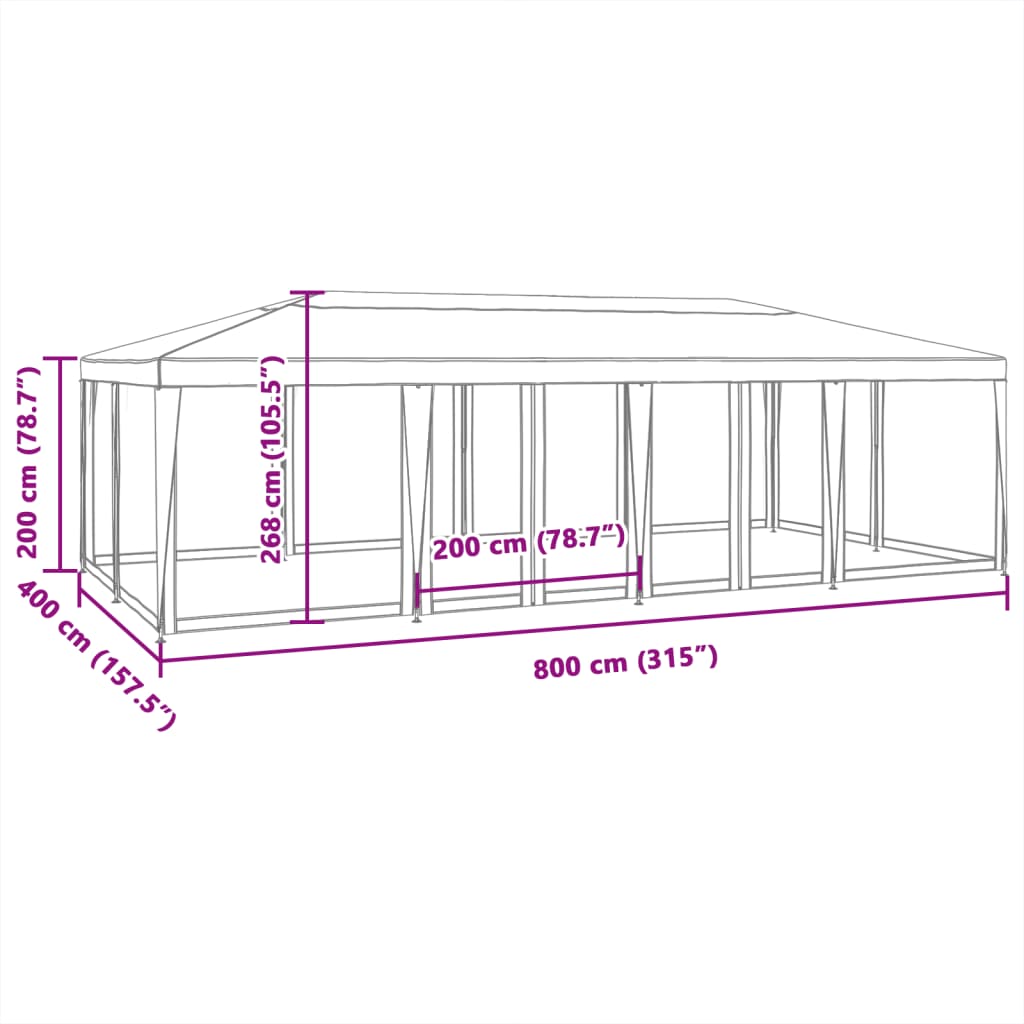 Party tent with 12 mesh sidewalls blue 8x4m HDPE