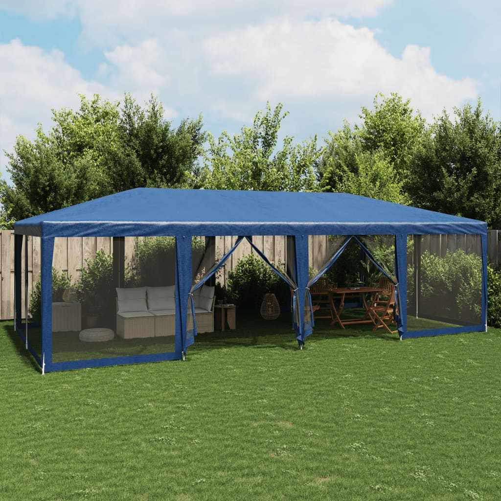 Party tent with 12 mesh sidewalls blue 8x4m HDPE