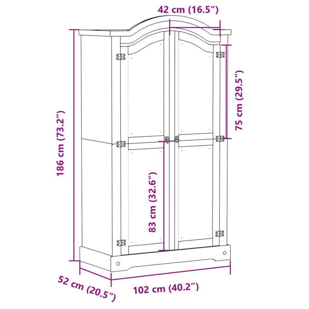 Corona-Kleiderschrank 102x52x186 cm aus massivem Kiefernholz