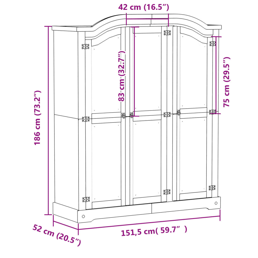 Garde-robe Corona 151,5x52x186 cm bois de pin massif