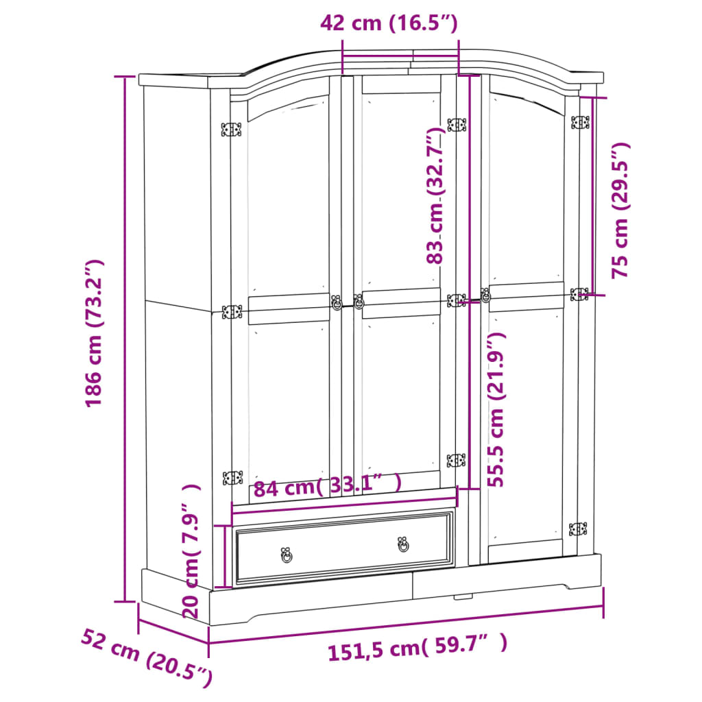 Garde-robe Corona 151,5x52x186 cm bois de pin massif