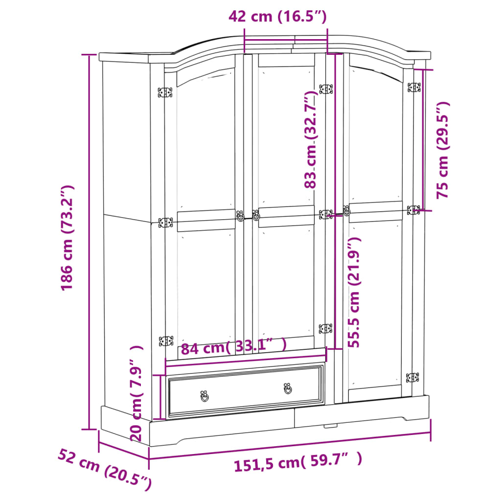 Garde-robe Corona blanc 151,5x52x186 cm bois de pin massif