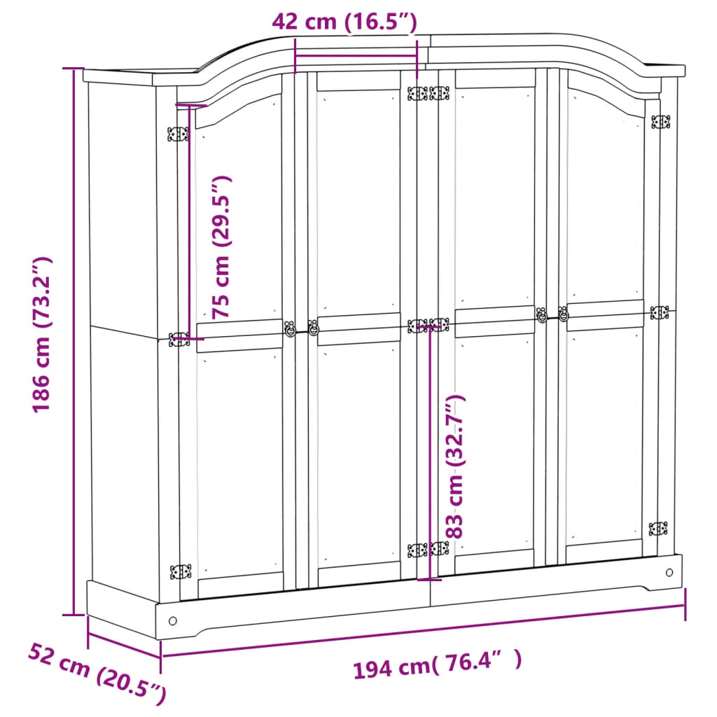 Garde-robe Corona 194x52x186 cm bois de pin massif