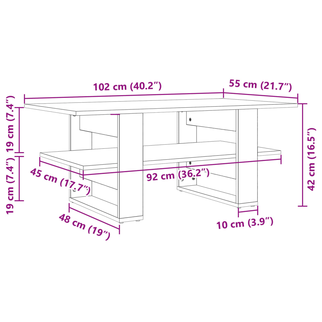 Betongrauer Couchtisch 102x55x42 cm, Holzwerkstoff