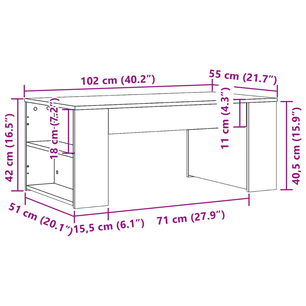 Couchtisch aus Sonoma-Eiche, 102 x 55 x 42 cm, Holzwerkstoff