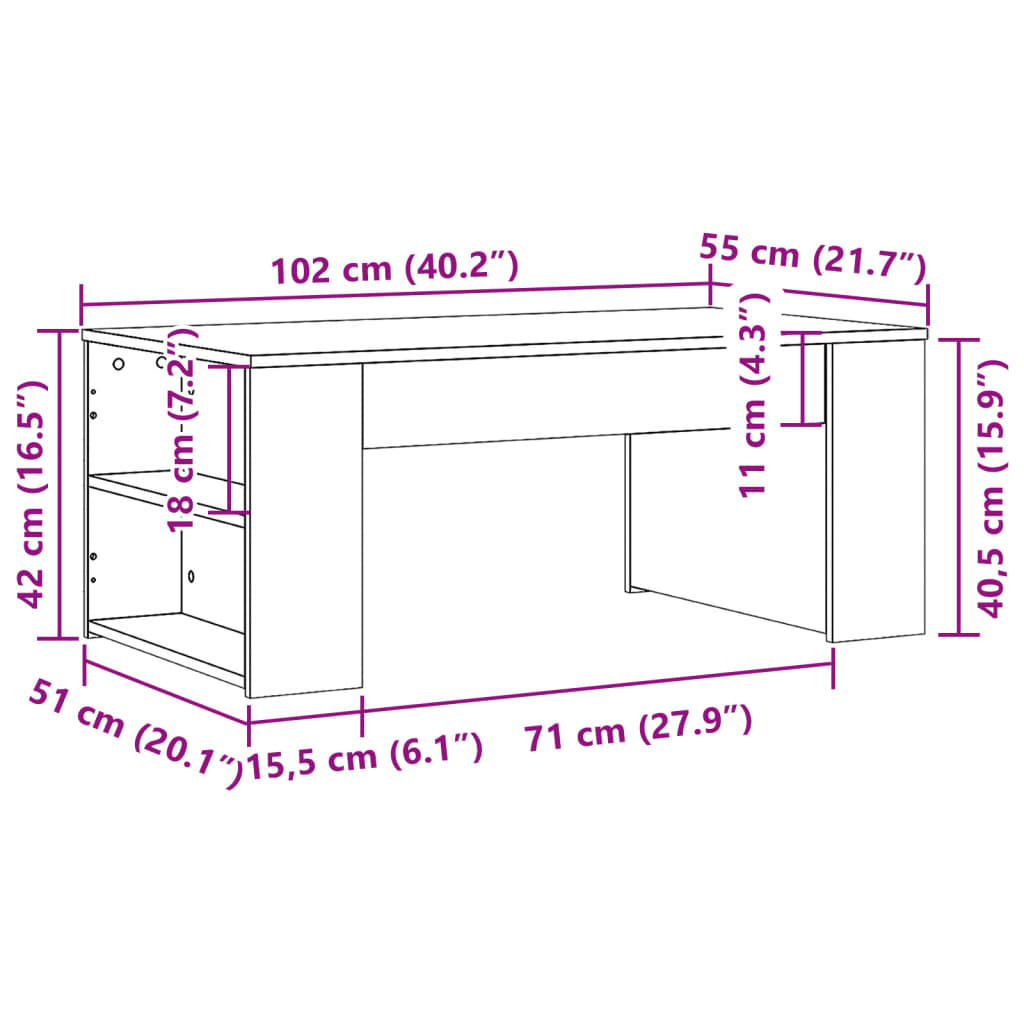 Couchtisch aus brauner Eiche, 102 x 55 x 42 cm, Holzwerkstoff