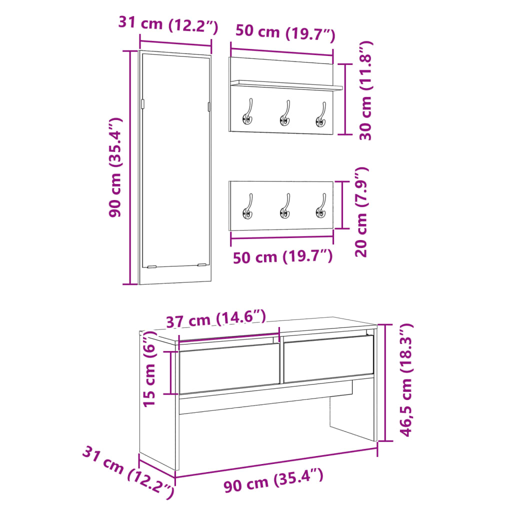 Ensemble de meubles de couloir 4 pcs blanc bois d'ingénierie