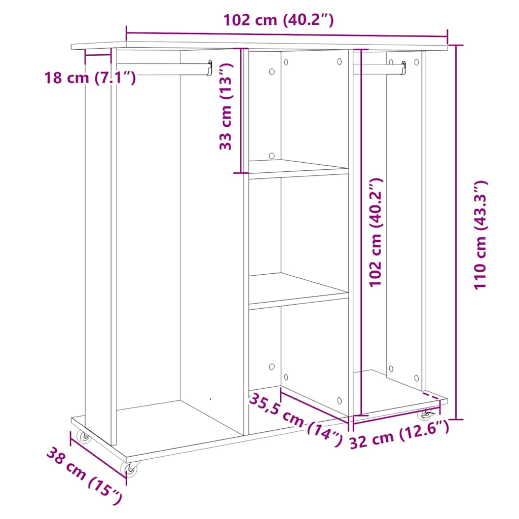 Wardrobe with wheels white 102x38x110 cm engineered wood