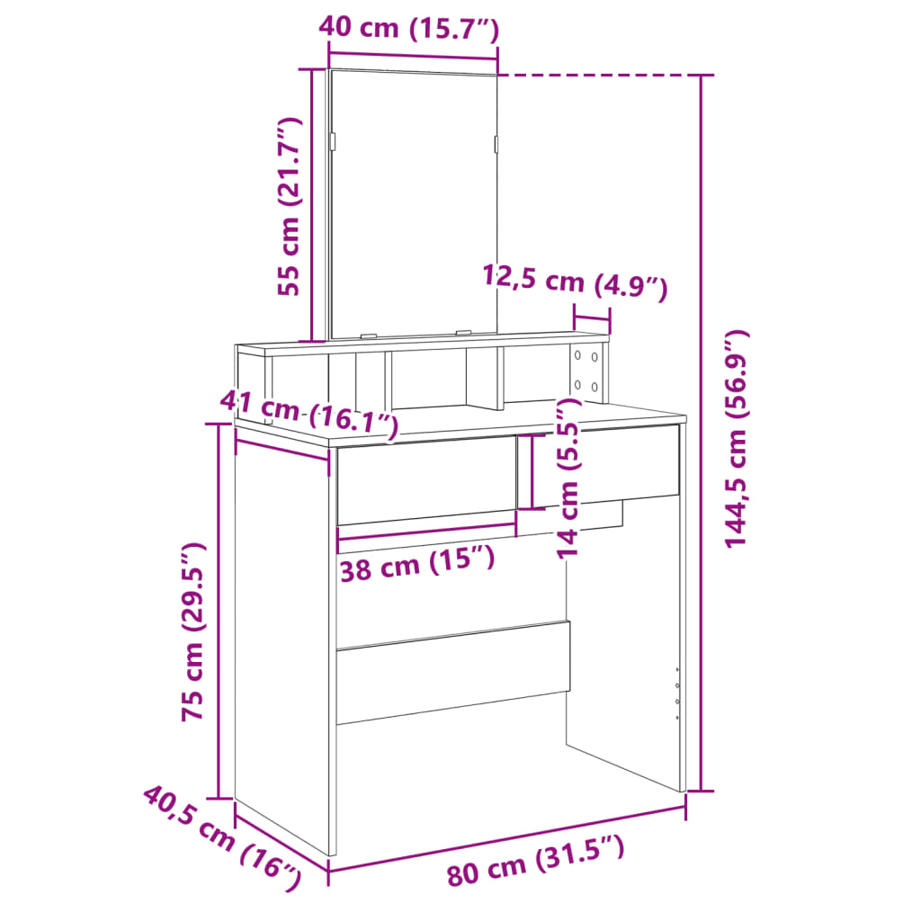 Dressing table with mirror sonoma oak 80x41x144.5 cm