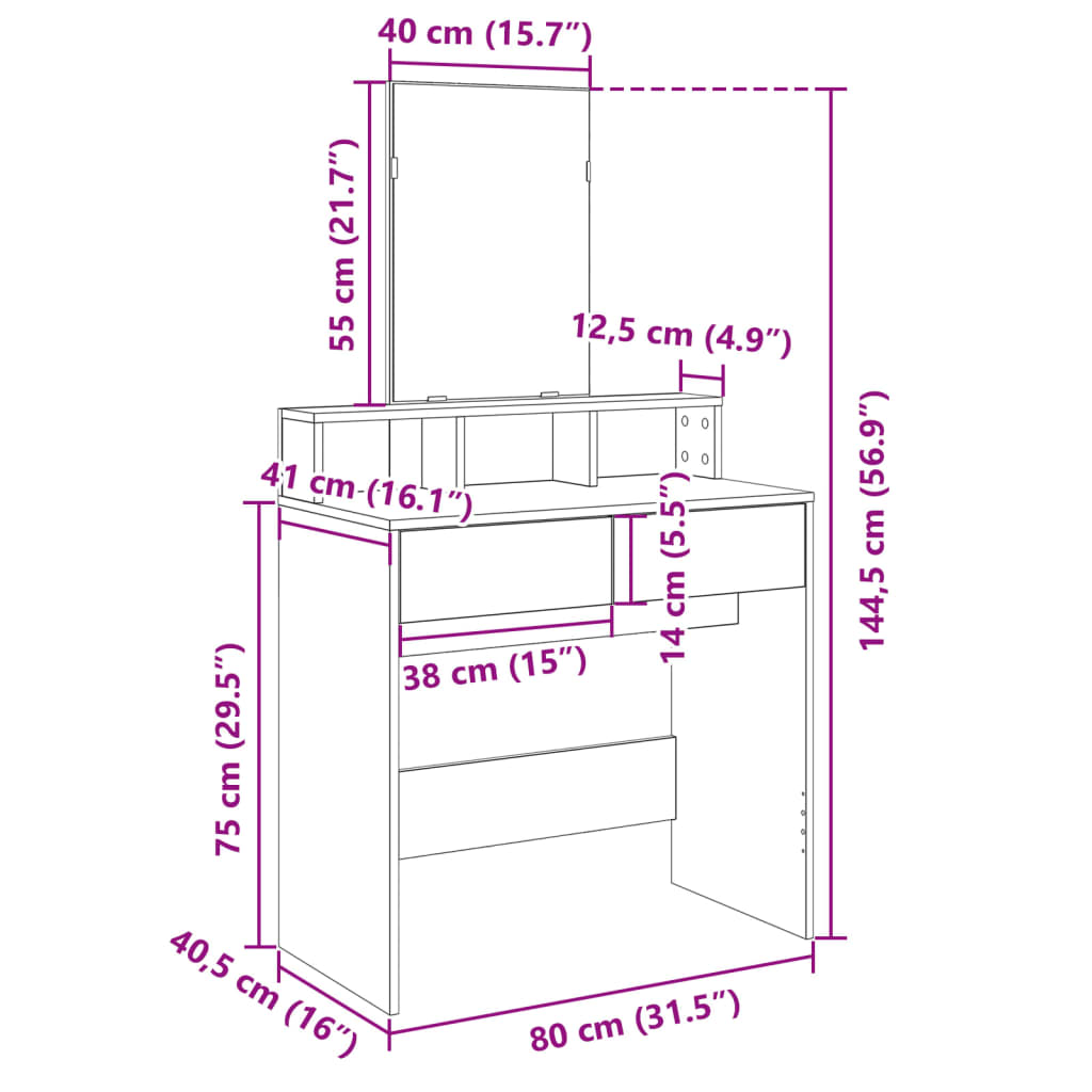 Dressing table with mirror sonoma gray 80x41x144.5 cm