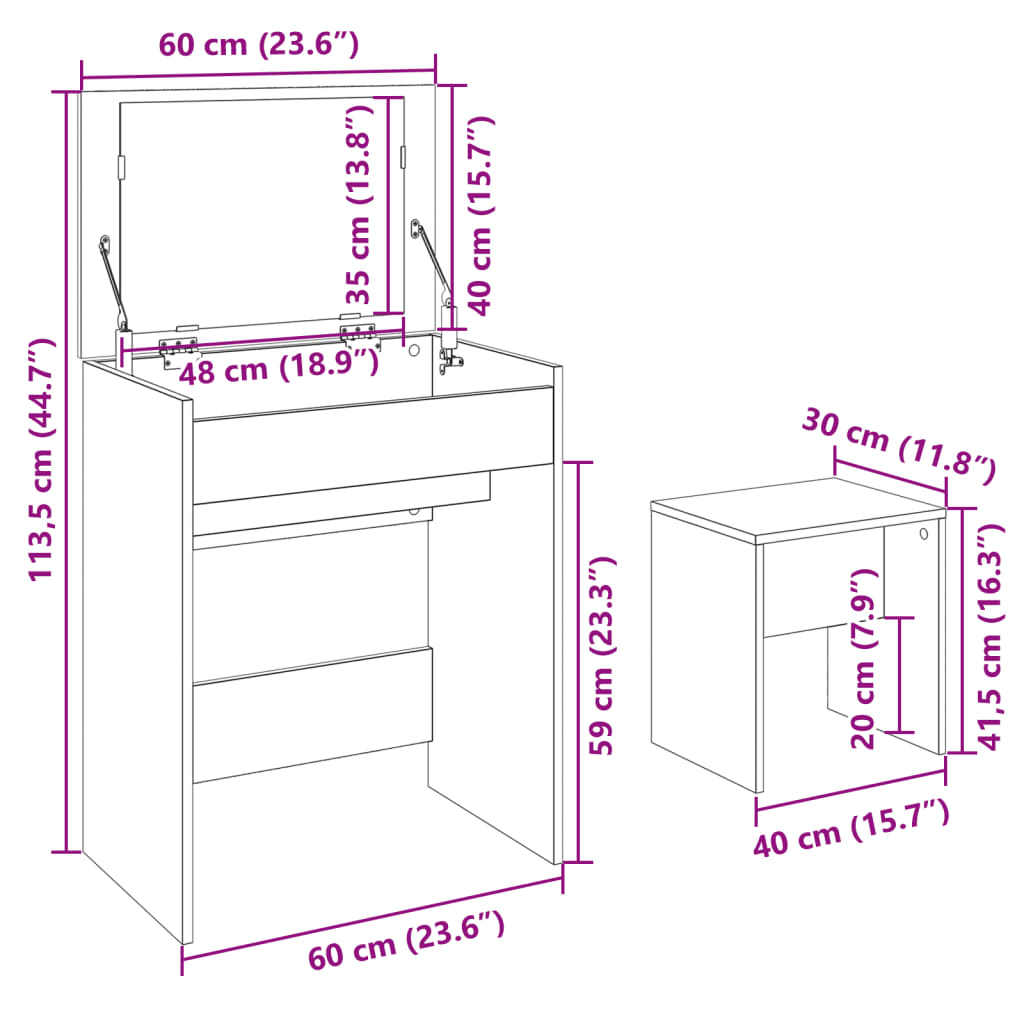 Sonoma oak dressing table and stool 60x40x113.5 cm