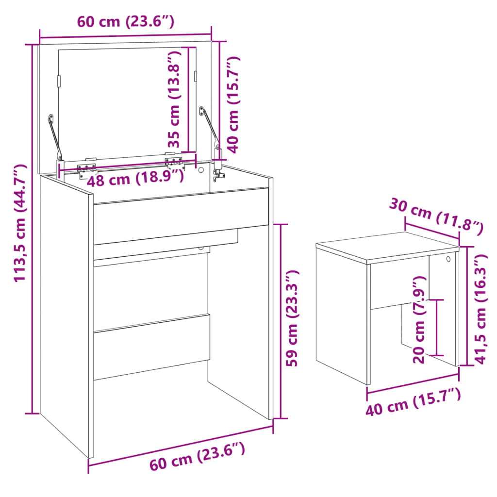 Concrete grey dressing table and stool 60x40x113.5 cm