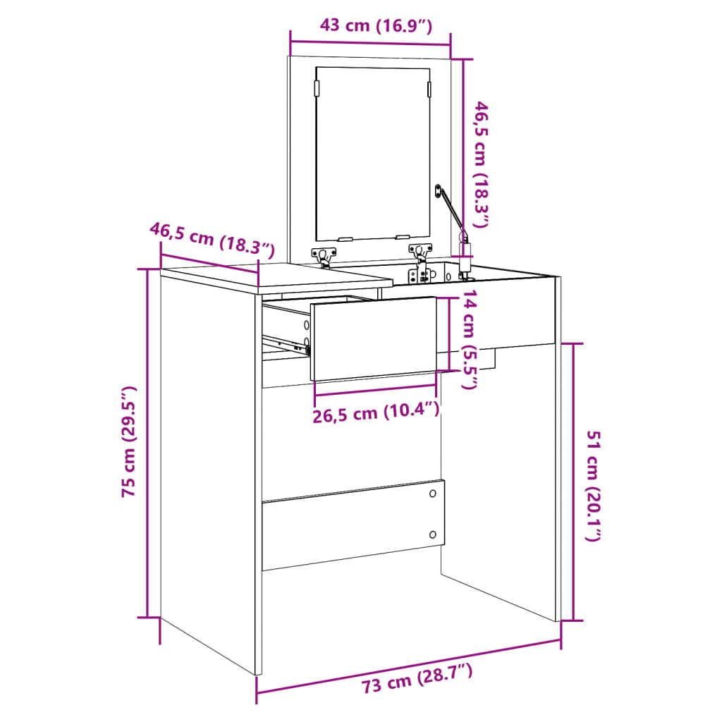 Dressing table with black mirror 73x46.5x120 cm