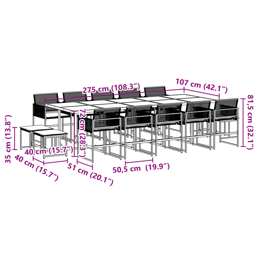 Ensemble à manger de jardin 15 pcs coussins noir résine tressée