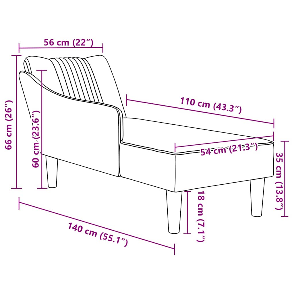 Fauteuil long avec accoudoir droit gris clair velours