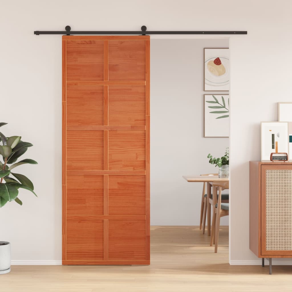 Porte de grange marron cire 80x208 cm bois massif de pin