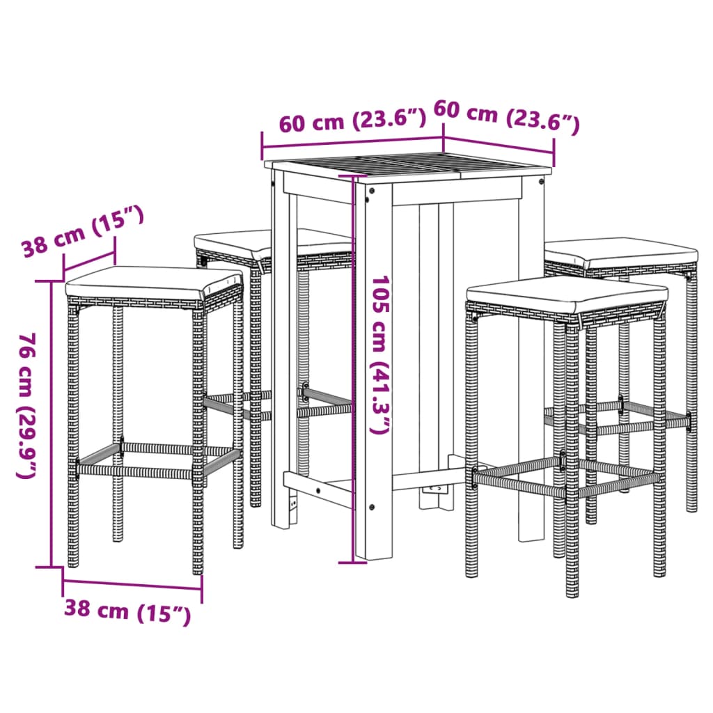 Ensemble de bar de jardin 5 pcs gris bois massif acacia rotin