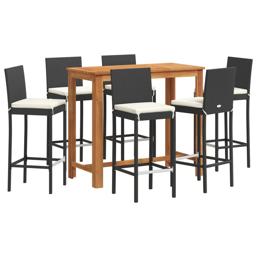 Ensemble de bar de jardin 7 pcs noir bois massif acacia rotin