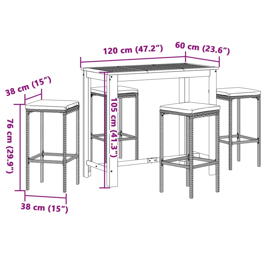 Ensemble de bar de jardin 5 pcs noir bois massif acacia rotin