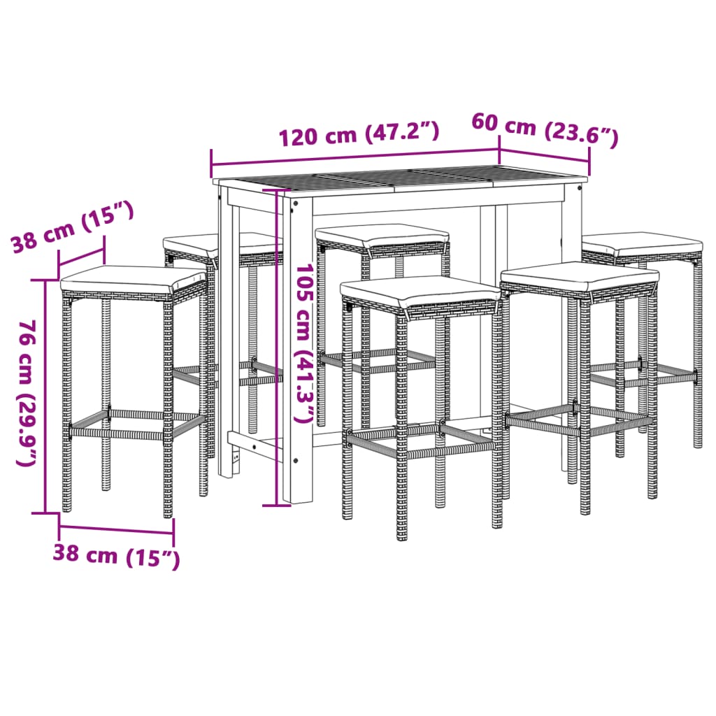 Ensemble de bar de jardin 7 pcs noir bois massif acacia rotin