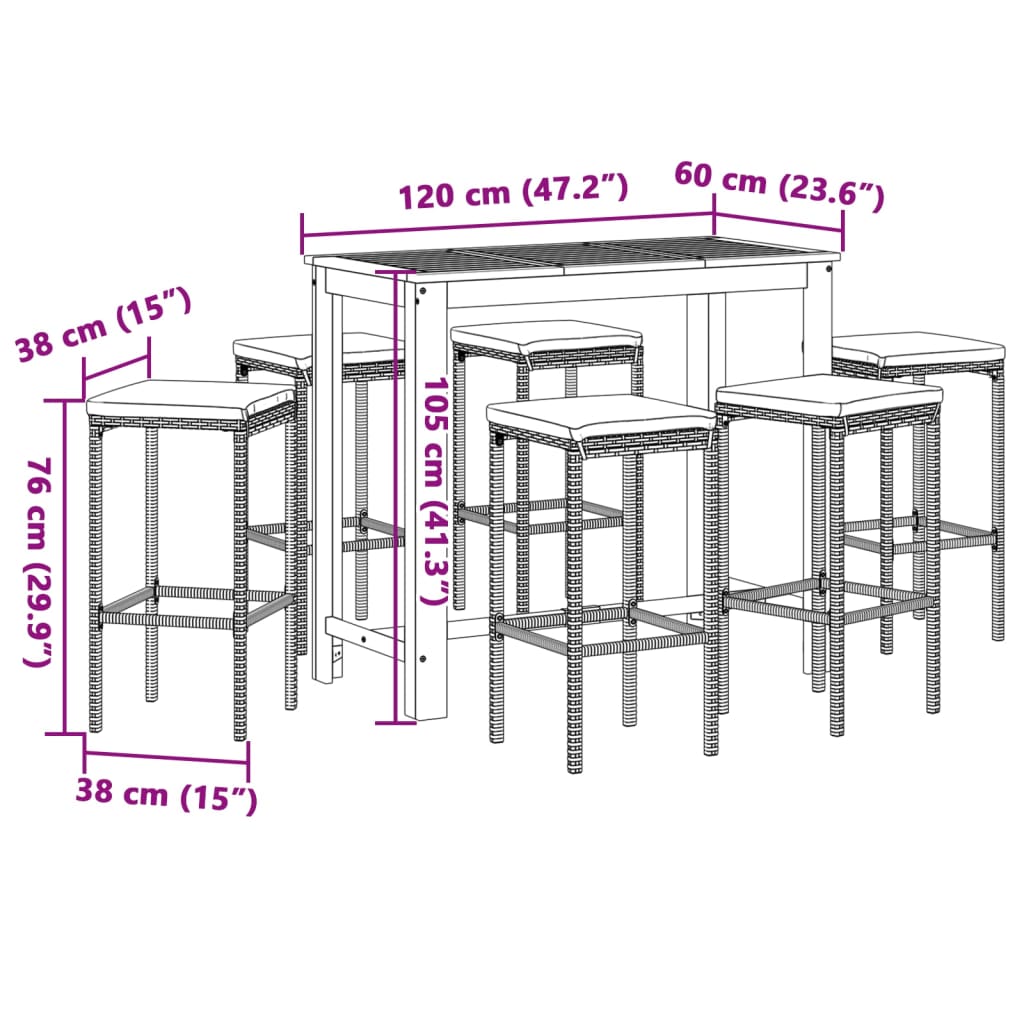 Ensemble de bar de jardin 7 pcs gris bois massif acacia rotin