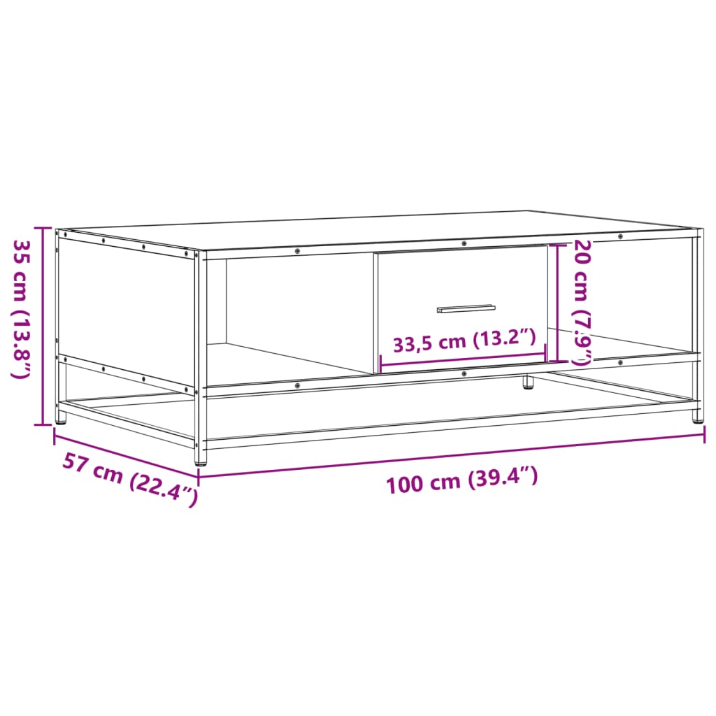 Table basse chêne fumé 100x57x35 cm bois d'ingénierie et métal