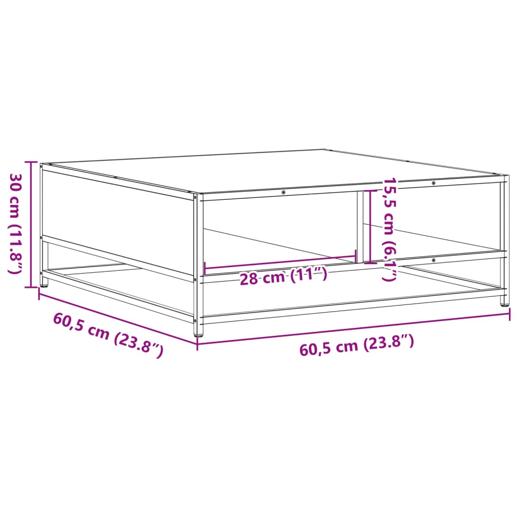 Table basse chêne fumé 60,5x60,5x30 cm bois d'ingénierie/métal