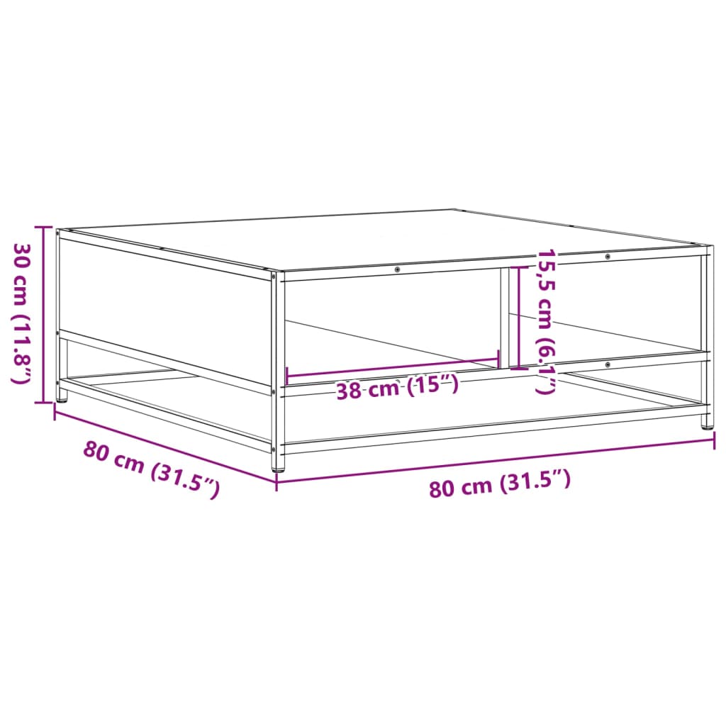 Table basse chêne sonoma 80x80x30 cm bois d'ingénierie et métal