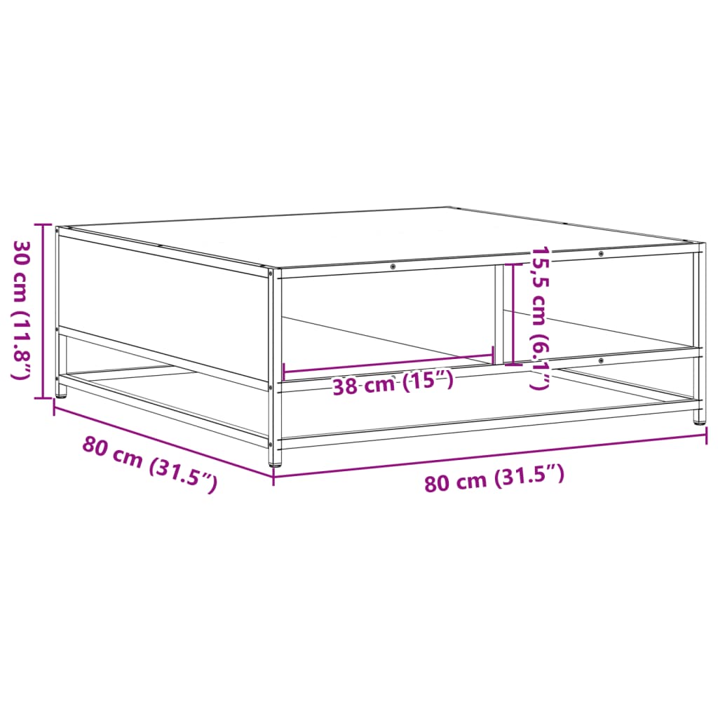 Table basse chêne marron 80x80x30 cm bois d'ingénierie et métal