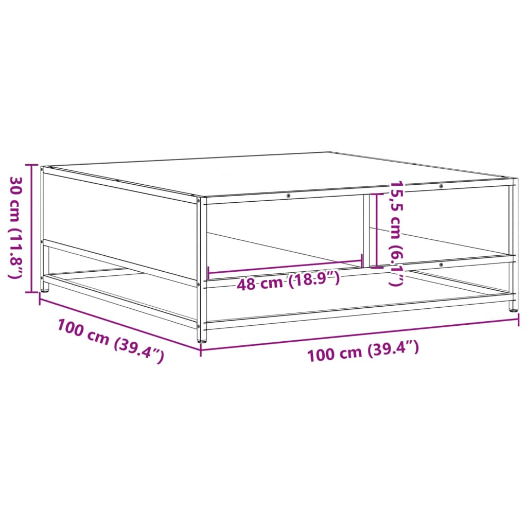 Table basse noir 100x100x30 cm bois d'ingénierie et métal