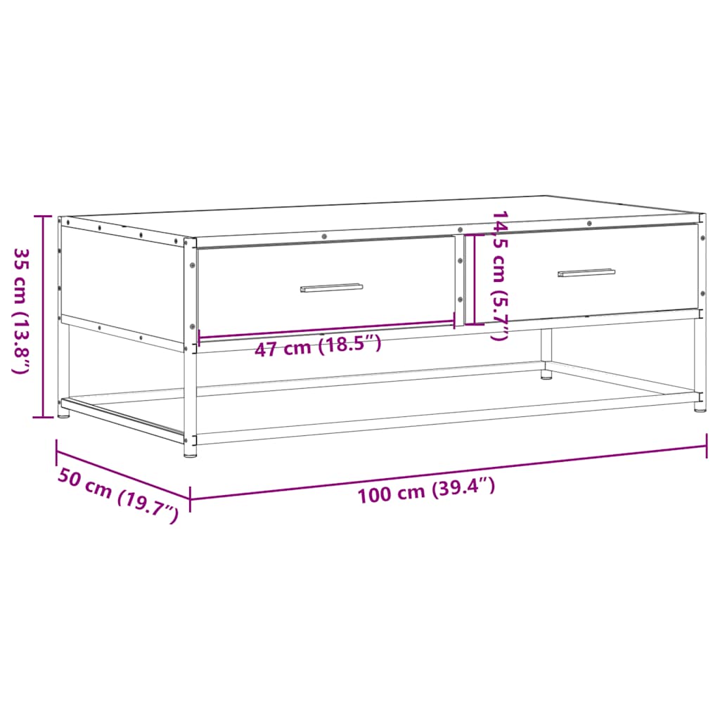 Table basse sonoma gris 100x50x35 cm bois d'ingénierie et métal