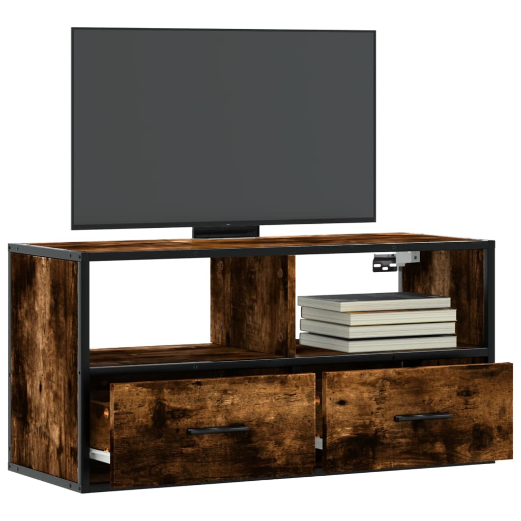 Meuble TV chêne fumé 80x31x39,5 cm bois d'ingénierie et métal