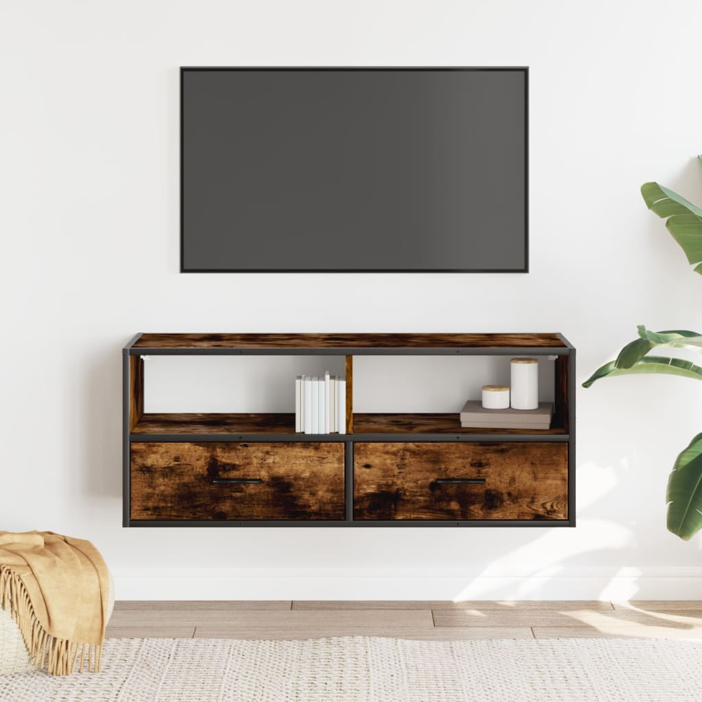 Meuble TV chêne fumé 100x31x39,5 cm bois d'ingénierie et métal