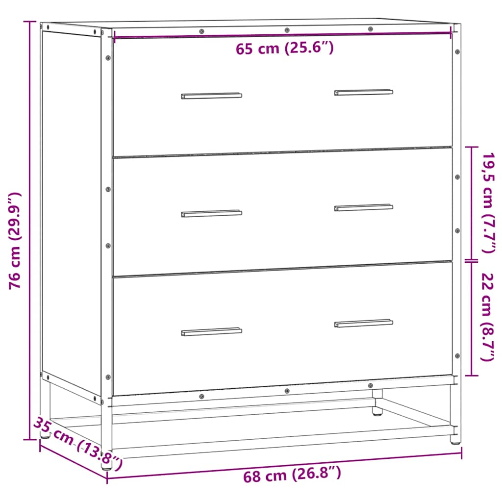 Sonoma graues Sideboard 68x35x76 cm aus Holzwerkstoff und Metall